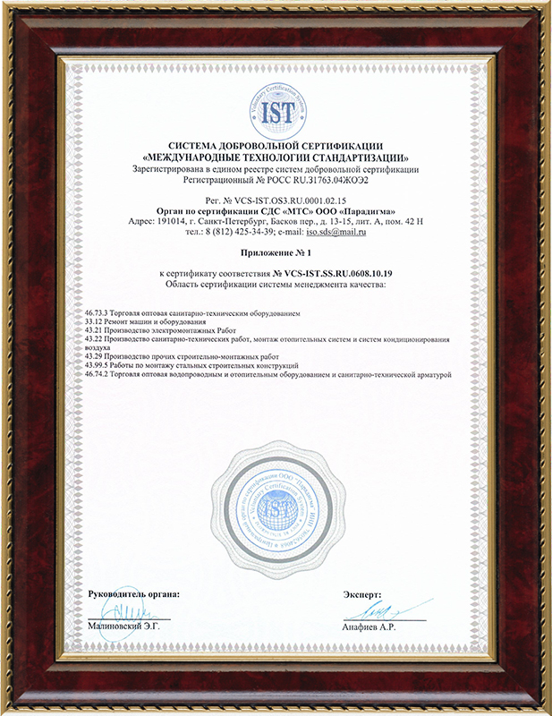 Приложение №1 к сертификату соответствия ГОСТ Р ИСО 9001-2015 (ISO 9001:2015)