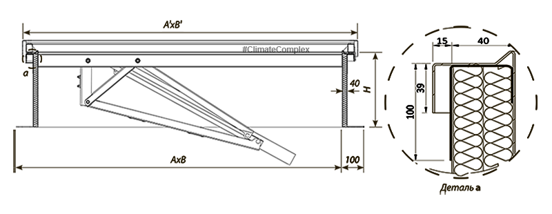 Чертеж люка дымоудаления mcr Prolight тип С и тип Е с двумя электроприводами в закрытом положении в поперечном разрезе