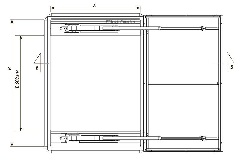 Чертеж люка дымоудаления mcr Prolight тип С и тип Е с двумя электроприводами в закрытом положении, вид сверху